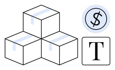 Mavi bantlı kargo kutuları, daire şeklinde bir dolar işareti ve e-ticaret, nakliye, lojistik, ambalaj, perakende maliyet tahmini pazarlama için cesur T. Basit düz metafor