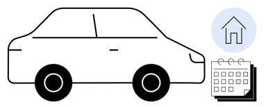 Takvim ve ev ikonu ile birlikte bir arabanın yan görüntüsü. Ulaşım, planlama, taşınabilirlik, araba kiralama, yaşam tarzı, ev yolculuğu ve zaman yönetimi için ideal. Basit düz metafor