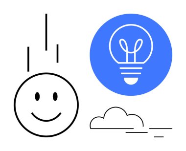 Minimalist gülen yüz, parlayan ampul ve yumuşak bulut çizgileri. Yaratıcılık, pozitiflik, yenilik, beyin fırtınası, mutluluk, üretkenlik için ideal basit iniş sayfası