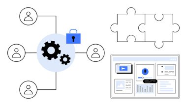 Kullanıcı simgelerine bağlı dişliler, bir kilit sembolü, yapboz parçaları ve detaylı bir arayüz görüntüsü. Takım çalışması, proje yönetimi, siber güvenlik, veri paylaşımı, bütünleşme sorunu çözme için ideal