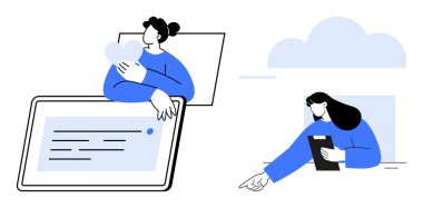 Teknolojiyle uğraşan iki kadın. Sol tarafta tabletin yanında bir kalp, sağ tarafta ise bir pano tutuyor. Teknoloji, iletişim, bağlantı, sosyal medya, takım çalışması, eğitim için ideal