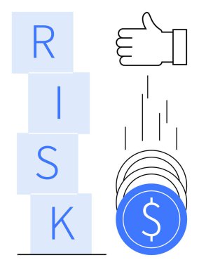 Yığılmış RISK blokları, olumlu bir jest ve düşen paralar risk, karar verme, fırsat ve yatırım değerlendirmesini temsil ediyor. Finans, strateji, analiz başlangıç büyümesi için ideal