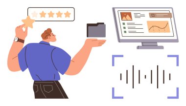 Dizin ve yıldız derecelendirme işlemleri, grafik ve analizleri gösteren monitörün yanında, ses dalgası görselleştirmesi. Geri bildirim, üretkenlik, veri değerlendirmesi, analiz, değerlendirmeler, iş dünyası için ideal