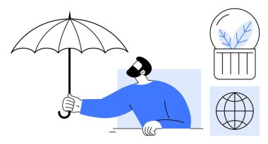 Korunmak için şemsiye tutan adam, cam kubbede sürdürülebilirlik ve koruma gösteren küre ve bitki tutuyor. Sigorta, güvenlik, çevre bakımı, eko-koruma, güvenlik ve risk yönetimi için ideal