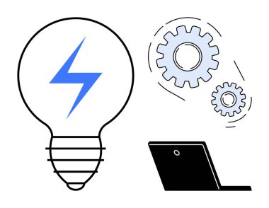Mavi yıldırımlı ampul, dönen dişliler ve dizüstü bilgisayar enerjiyi, yeniliği, takım çalışmasını, teknolojiyi, problem çözmeyi, yaratıcılığı ve ilerlemeyi temsil eder. Beyin fırtınası mühendisliği için ideal.