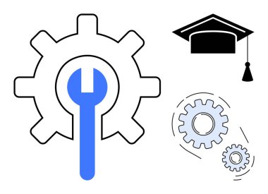 İngiliz anahtarı ve mezuniyet şapkalı dişliler teknik öğrenmeyi, problem çözmeyi, eğitimi, takım çalışmasını, yeniliği, kariyer büyümesini ve ilerlemeyi sembolize eder. Eğitim için ideal, BTMM eğitim kariyeri veya