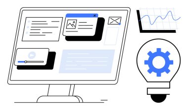 Bir çizgi çizelgesi ve dişli entegre ampulün yanı sıra, medya oynatıcısı, bildirimler, e-postalar ve metin kutularını gösteren masaüstü ekranı. Üretkenlik, analitik, fikirler, veri görselleştirme takım çalışması için ideal