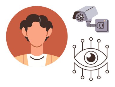 Gözetleme kamerasının yanında insan portresi ve biyometrik, güvenlik ve teknolojiyi sembolize eden soyut dijital göz. Kimlik doğrulama, izleme, gizlilik, yapay zeka ve yenilik için ideal