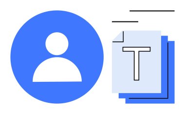 Katmanlı metin belgelerinin yanında çember profil simgesi ve hareket olduğunu gösteren satırlar. Kimlik, dosya depolama, kullanıcı verisi, belge paylaşımı, bilgi sistemleri, iş akışı, basit iniş sayfası için ideal
