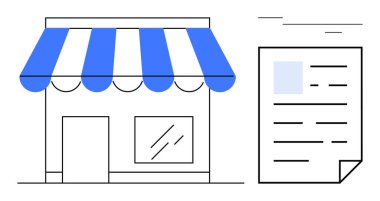 Bir iş belgesinin yanında çizgili mavi tenteli perakende mağazası. Küçük işletmeler, girişimcilik, finans, planlama, ticaret, mağaza kurulumu ve işletme yönetimi için idealdir. Basit düz