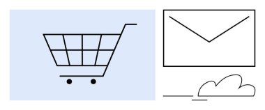 Alışveriş arabası ve zarf çizimi e-ticaret, iletişim ve dijital pazarlamayı temsil ediyor. Çevrimiçi alışveriş, e-posta kampanyaları, dağıtım, perakende satış, mesajlaşma pazarlama stratejisi için ideal. Basit düz