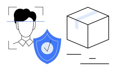 Bir kalkan, bir işaret ve mühürlü bir kutuyla birlikte yüz tanıma. Güvenlik, gizlilik, lojistik, kimlik doğrulama, koruma, teknoloji ve e-ticaret için ideal. Basit iniş sayfası