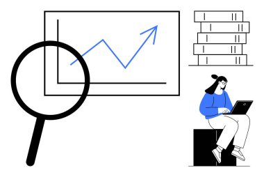 Büyüteç, yukarı doğru eğilimli grafikleri ön plana çıkarıyor. Kadın dizüstü bilgisayarla kitapların yanında çalışıyor. Araştırma, büyüme, eğitim, iş, analitik, strateji, basit düz metafor