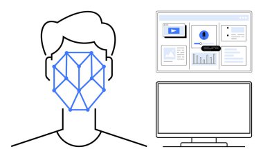 Tanımlama desenli yüz, veri için dijital arayüz ve bilgisayar ekranı. Kimlik doğrulama, yapay zeka teknolojisi, güvenlik, veri analizi, biyometrik, gizlilik kavramları için idealdir