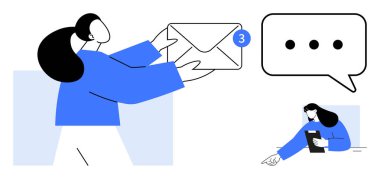 Bildiri rozetli bir zarf tutan kadın. İlave sahne tablet kullanıldığını gösteriyor. İletişim, dijital mesajlaşma, takım çalışması, sosyal medya, uzaktan çalışma, üretkenlik, basit