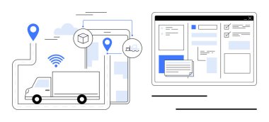 GPS konum şifreli kamyonet, kablosuz bağlantı, akıllı telefon ve dijital paneller. Lojistik, operasyon yönetimi, nakliyat, teknoloji, filo izleme zinciri için ideal.