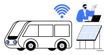 Kablosuz sinyali olan modern otobüs, dizüstü bilgisayarda çalışan profesyonel, güneş paneli yakınında. Ulaşım için ideal, akıllı şehir, yenilenebilir enerji, teknoloji, yenilik, sürdürülebilirlik yeşil enerji