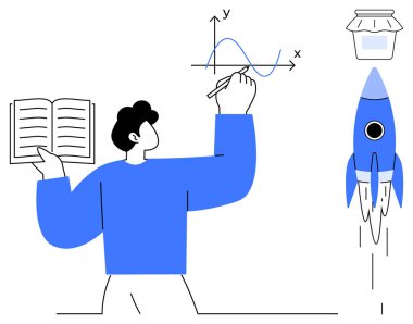 Çalışma ve ilerleme sembolleri arasında, kitap ve grafik denklemi okuyan kişi bir araştırma kavanozu ve roketi onaylıyor. Eğitim, veri, büyüme, icat, yaratıcılık, araştırma başarısı için idealdir. Basit.