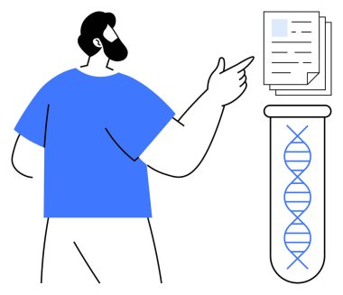 Yığılmış belgelerin yanındaki test tüpünün içindeki DNA sarmalını gösteren adam. Bilim, araştırma, genetik, yenilik, eğitim, biyoteknoloji ve tıp çalışmaları için idealdir. Basit düz metafor
