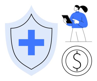 Sağlık uzmanı elinde tablet, çapraz korumayı simgeleyen büyük bir kalkan ve maddi refah için dolar işareti tutuyor. Sağlık sigortası, sağlık hizmetleri, teletıp, güvenlik, güvenlik için ideal