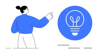 Mavi kazaklı kadın büyük bir ampul ikonuna doğru hareket ediyor yaratıcılığı ve yeniliği sembolize ediyor. Takım çalışması, beyin fırtınası, yenilik, eğitim, fikir üretimi, girişimler, basit