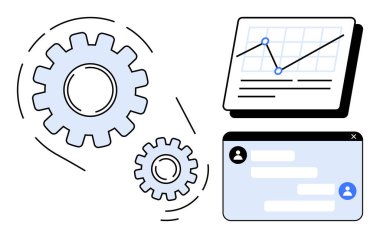 Veri grafiği ve mesaj sohbet penceresinin yanında hareket eden vitesler. Çalışma akışı, analitik, takım çalışması, işbirliği, teknoloji, süreç optimizasyonu için ideal, basit iniş sayfası