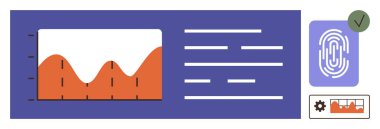 Yükselen ve düşen veri eğilimleri, parmak izi doğrulama sembolü, doğrulama kontrol işareti ve dişli simgesi içeren grafikler. Veri analizi, güvenlik, teknoloji, kimlik, yönetim yeniliği için ideal