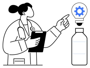 Tıbbi personel elinde bir pano, ilaç şişesinin üzerinde dişli ampulü gösteriyor. Sağlık, yenilik, araştırma, geliştirme, teknoloji, fikir oluşturma ve bilim için idealdir. Temiz daire