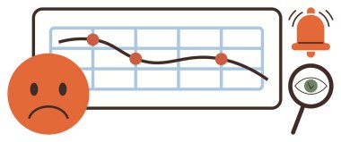 Aşağı doğru eğilimli çizgi grafiği, tatminsizlik için üzgün yüz, uyarı için alarm zili, ve değerlendirmeyi sembolize eden büyütme. Veri analizi, performans takibi, düşüş, uyarı, başarısızlık için ideal