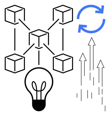 Birbirine bağlı küpler blok zinciri, yeniliği simgeleyen ampul, büyümeyi sembolize eden oklar ve devamlılık için mavi geri dönüşüm simgesi. Teknoloji, yenilik, büyüme ve ağ için ideal