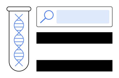 Arama çubuğu arayüzü ve geometrik elementlerin yanındaki test tüpündeki DNA sarmalı. Genetik, biyoteknoloji, araştırma, eğitim, sağlık, yenilik, teknoloji, basit iniş sayfası için ideal
