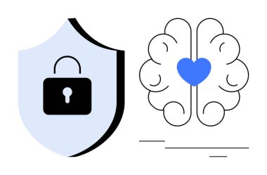 Kilitli kalkan korumayı simgeler, kalbi olan beyin ise duygusal zekayı ve özeni. Siber güvenlik, empati, denge, güven, mahremiyet, öz farkındalık için ideal.