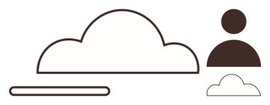 Yatay çizgili büyük bulut şekli, insan silueti ve daha küçük bulut renklendirme dosyası sunucusu. Teknoloji, veri paylaşımı, bulut hesaplama, minimal tasarım, dijital konsept, çevrimiçi için ideal