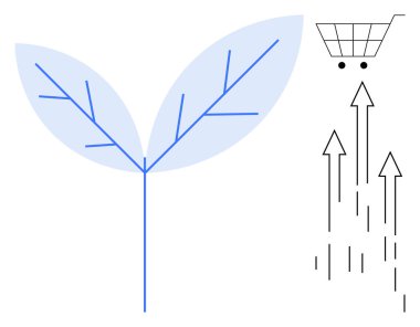 Büyümeyi sembolize eden mavi yaprak, yukarı doğru ilerlemeyi gösteren oklar ve ticaret ve tüketici etkinliği için bir alışveriş arabası. Sürdürülebilirlik, iş büyümesi, çevre dostu ticaret ve yenilik için ideal