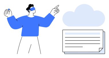 VR kulaklık takan kişi yüzen bulut ve belgeye bakıyor. Teknolojik etkileşimi temsil ediyor. Sanal gerçeklik, yenilik, dijital dönüşüm, bulut hesaplama, dosya depolama için ideal