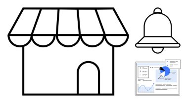 Mağaza cephesi, bilgilendirme zili ve grafikli analitik gösterge paneli. Küçük işletme, yönetim, bildirimler, strateji, işlemler, performans sade iniş sayfası için ideal