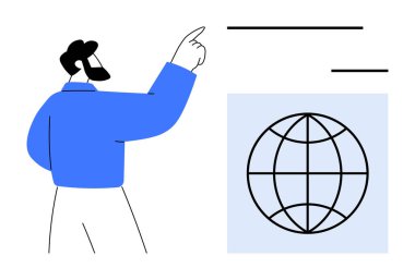Yatay çizgilerin yanında bir dünya sembolüne doğru hareket eden kişi açıklama ya da sunum öneriyor. İletişim, eğitim, takım çalışması, dünya çapında iş, eğitim, bağlantı için ideal