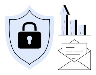 Güvenlik için asma kilitli bir kalkan, büyüme için yükselen bar çizelgesi ve iletişim için zarf. Siber güvenlik, e-posta güvenliği, veri yönetimi, güvenli büyüme, güven, basit analizler için ideal