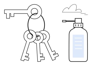 Anahtarın yanında bir şişe dezenfektan spreyi, güvenliği, temizliği ve hazırlığı simgeliyor. Güvenlik, hijyen, seyahat, sağlık, önlem organizasyonu için ideal modern