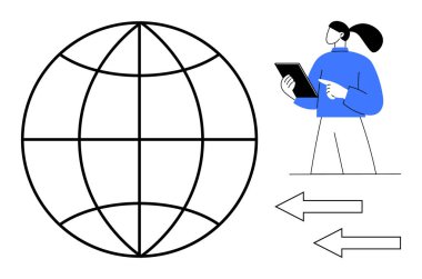 Şebeke dizaynlı büyük bir küre, elinde tablet olan bir kadın, yönü ve akışı gösteren oklar. Ağ oluşturma, küreselleşme, iletişim, teknoloji, eğitim, iş büyümesi ve basit