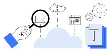 Baro grafiği, bulmaca parçaları, takvim, vites, metin belgeleri olan büyüteç inceleme bulutu. Teknoloji, veri yönetimi, bulut depolama, analiz organizasyonu işbirliği için ideal basit