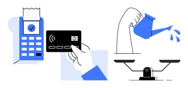 Temassız kartla ödeme terminali, el bakımı büyümesi ile sulama kutusu, eşitliği temsil eden dengeli ölçek. Finans, tasarruf, yatırım, eşitlik, büyüme, fintech digital için ideal