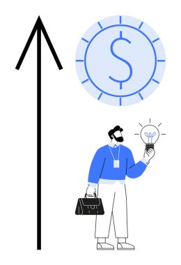 İşadamı, yukarı doğru ok ve büyük dolar işaretinin yanında parlayan bir ampul ve evrak çantası tutuyor. Finans, yenilik, iş çözümleri, büyüme stratejisi, yatırım, girişimcilik için ideal