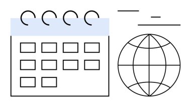 Küresel programlamayı, zaman yönetimini, teslim tarihlerini, etkinlik koordinasyonunu temsil eden basit grafiksel çizgilere sahip minimalist takvim ve dünya. İş, seyahat, üretkenlik, planlama kavramları için ideal