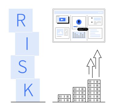 Risk engelleri, yükselen çubuk grafikleri ve gösterge paneli analitikleri iş büyümesini, yatırımı ve karar vermeyi sembolize ediyor. Finans, analiz, strateji yönetimi belirsizliği için ideal bir tahmin. Basit.