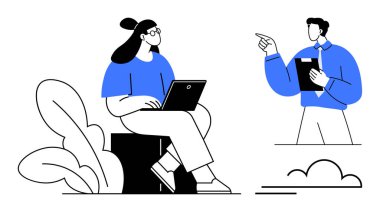 Çiçeklerin yanına oturmuş dizüstü bilgisayara odaklanan bir kadın elinde panoyla işaret eden bir adam. Takım çalışması, iletişim, işbirliği, verimlilik, iş yeri sohbeti, uzaktan çalışma için ideal