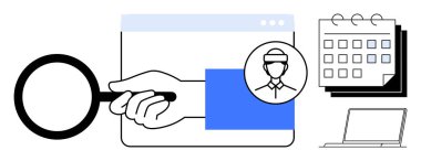 Bir web sitesindeki bir kullanıcı profilini, takvim ve dizüstü bilgisayarla birlikte büyüteçle el yordamıyla inceliyorum. İşe alım, takvim, araştırma, iş arama, yönetim, analiz için ideal