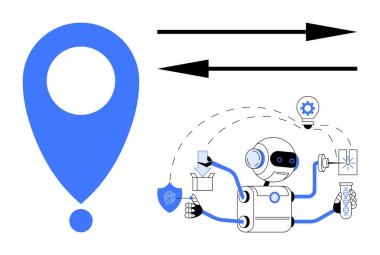 Yer belirleyici, veri değişimi için oklar kalkan, dişli ve test tüplü yapay zeka robotları. Teknoloji, otomasyon, yapay zeka robotik yer tespit ve veri işleme için ideal. Basit.