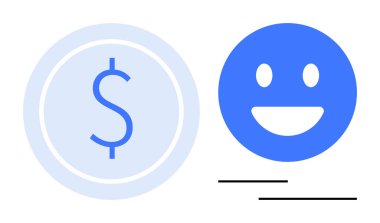 Madeni para içinde dolar sembolü. Gülümseyen mavi bir yüzün yanında. Finansal olumluluğu ve memnuniyeti temsil ediyor. Finans, tasarruf, bankacılık, mutluluk, ekonomi, iş başarısı ve sade iniş için ideal