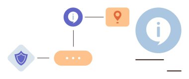 Güvenlik kalkanını, bilgi balonunu ve konum kodunu temsil eden birbirine bağlı simgelerin oluşturduğu bir ağ. Teknoloji, navigasyon, siber güvenlik, bağlantı, veri değişimi, iletişim için ideal